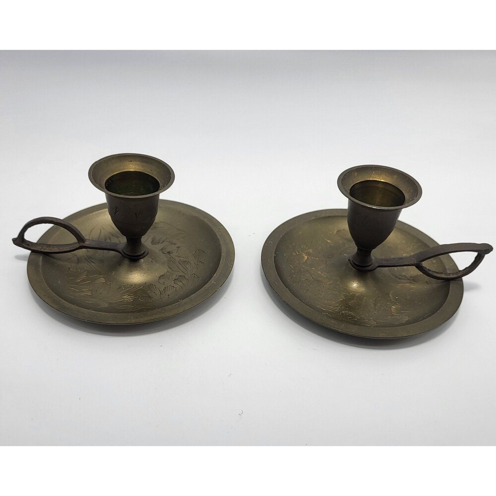 Vintage Etched Brass? Chamberstick Candle Holders with Finger Loop Set of 2